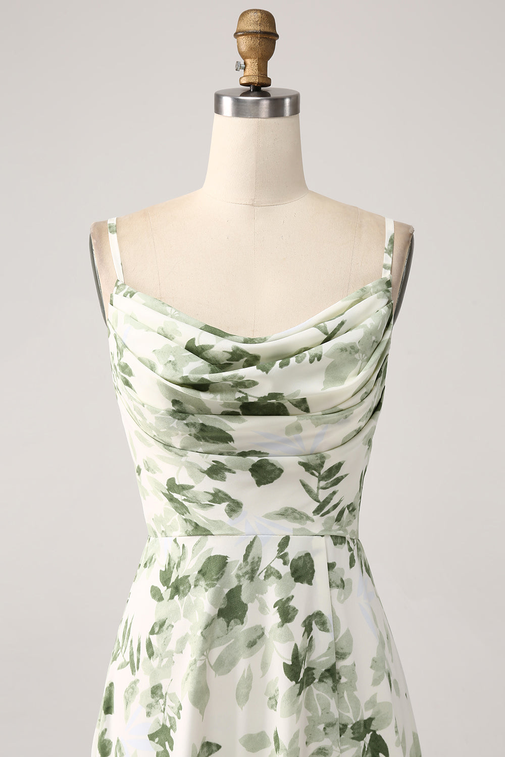 Cowl Neck Green Floral A Line Bridesmaid Dress with Slit