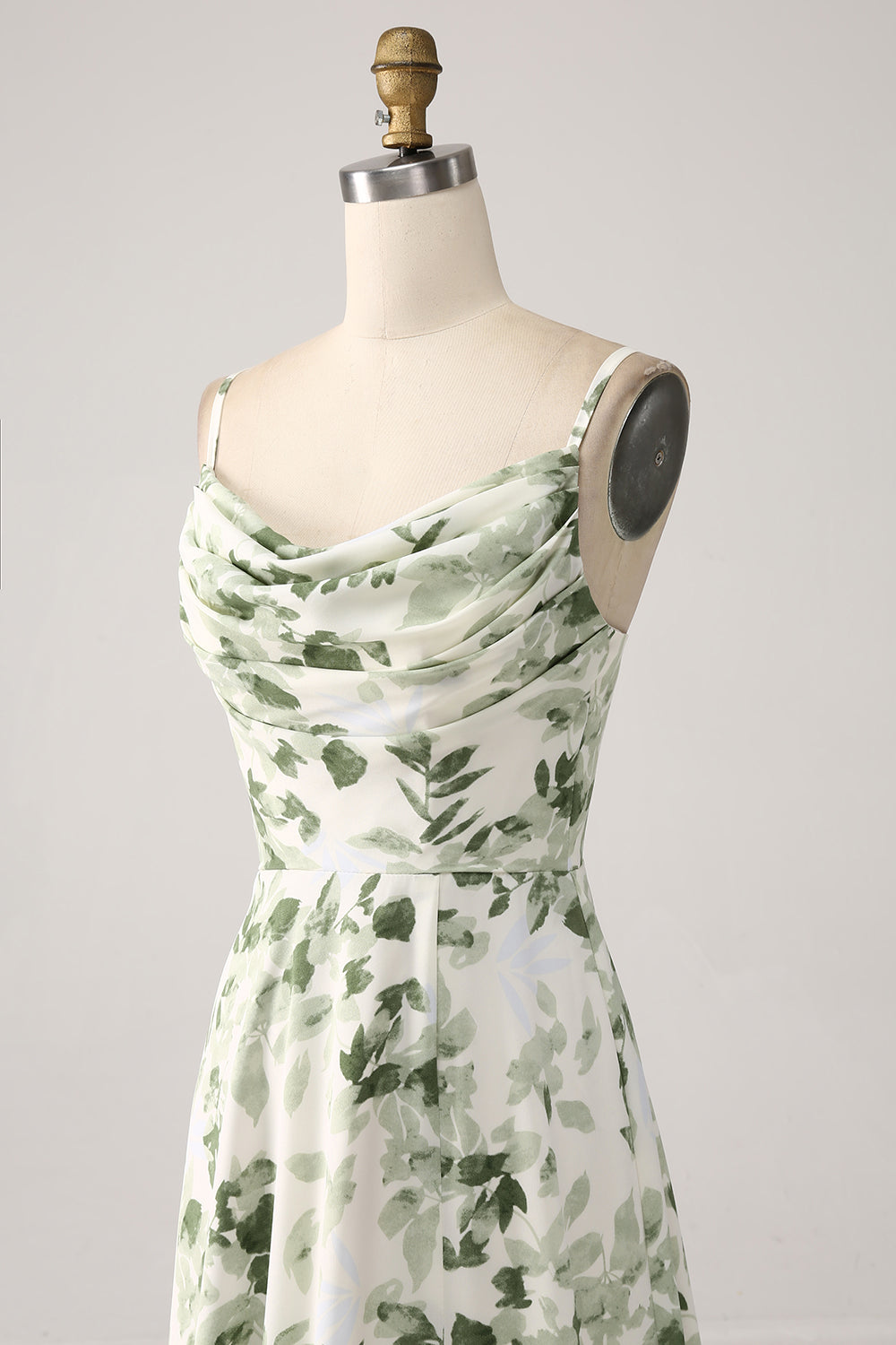 Cowl Neck Green Floral A Line Bridesmaid Dress with Slit