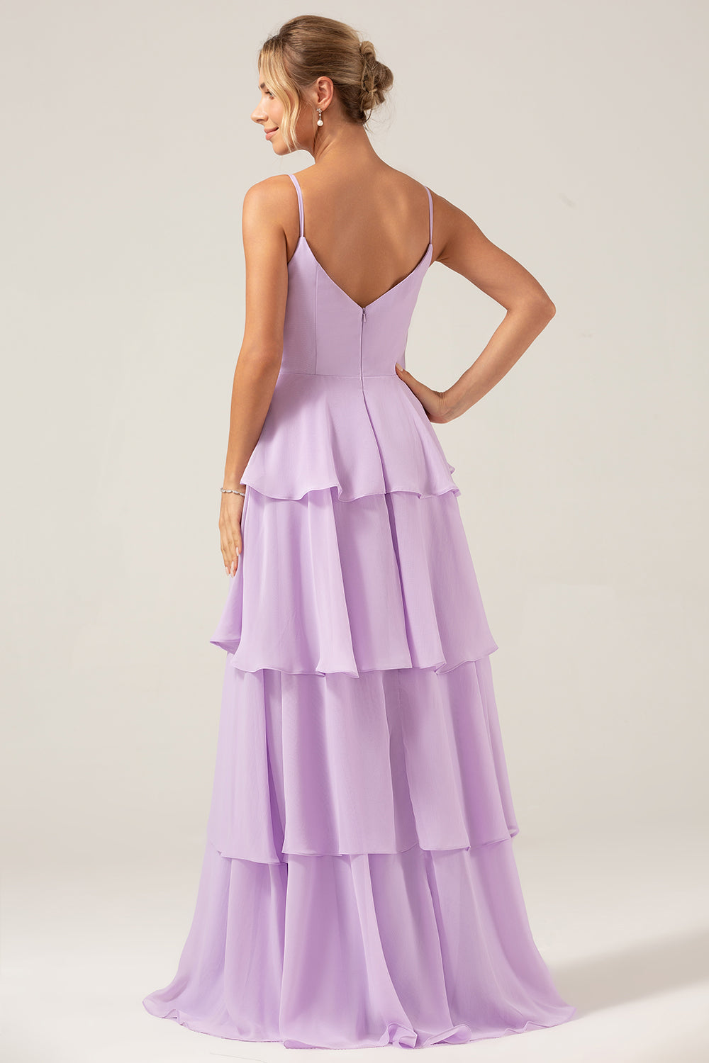 Lilac A Line Spaghetti Straps Tiered Chiffon Bridesmaid Dress with Slit