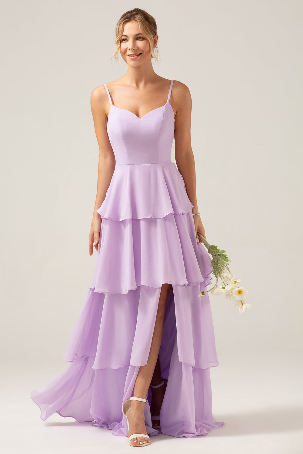 Lilac A Line Spaghetti Straps Tiered Chiffon Bridesmaid Dress with Slit