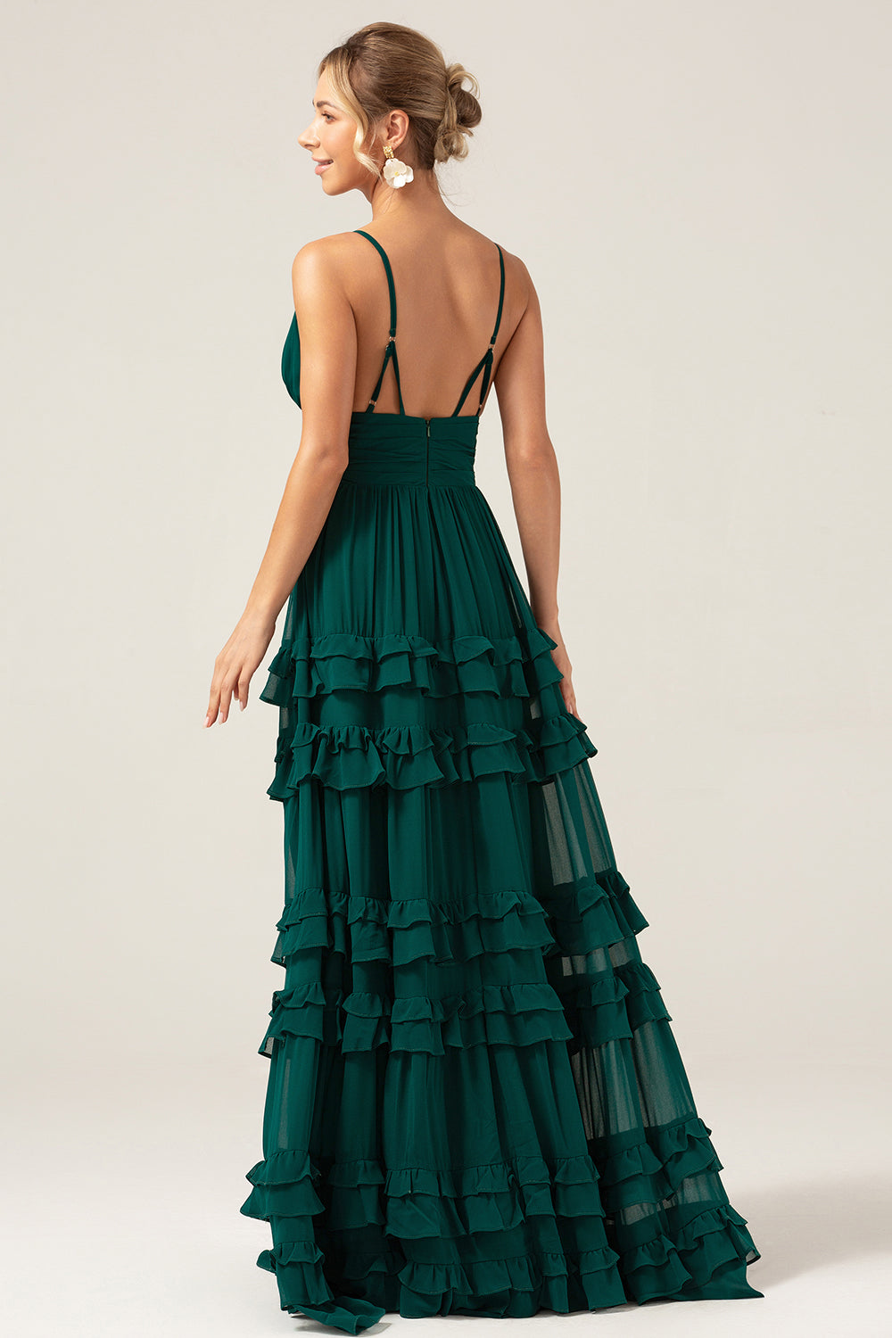 Dark Green A Line Spaghetti Straps Tiered Bridesmaid Dress with Pleated