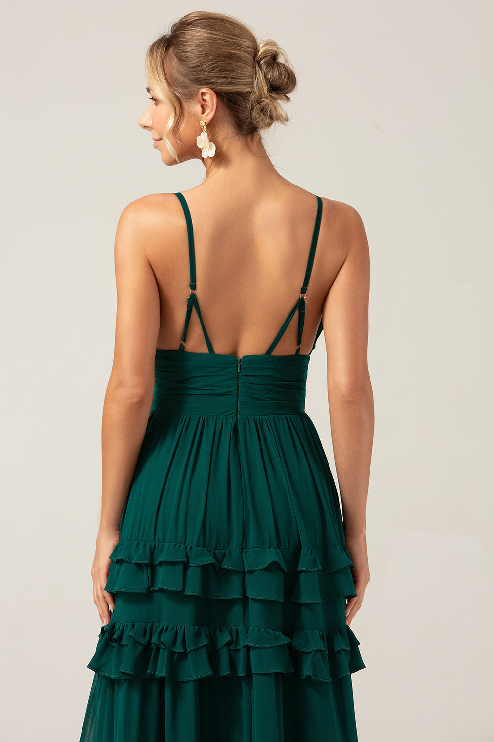 Dark Green A Line Spaghetti Straps Tiered Bridesmaid Dress with Pleated