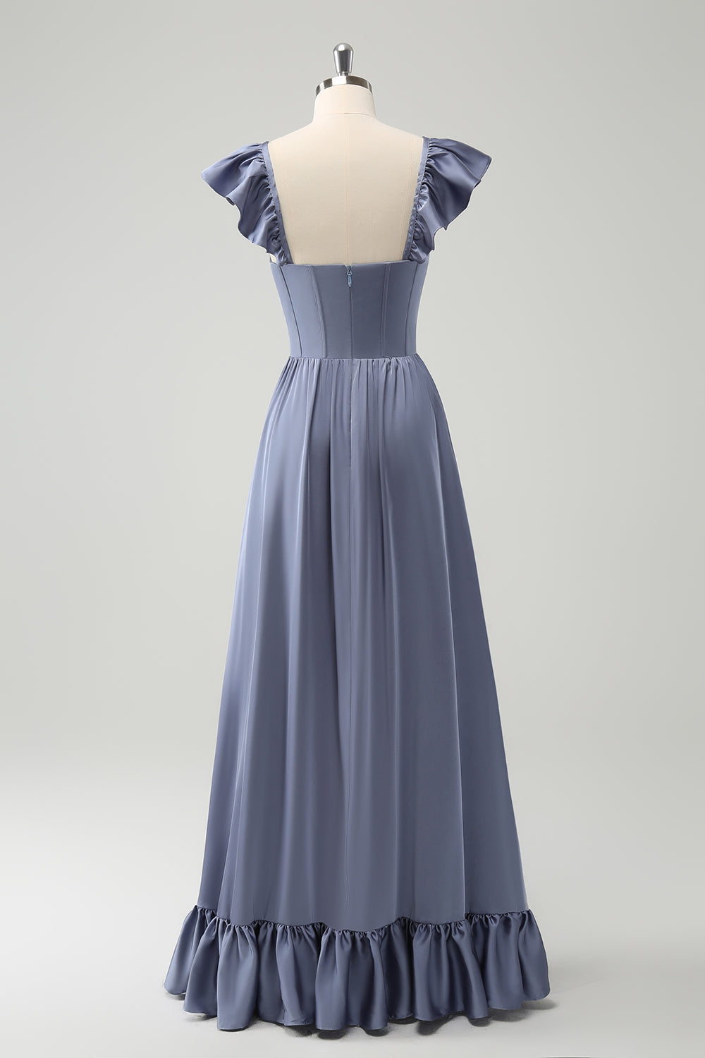 Grey Blue A Line Backless Corset Chiffon Bridesmaid Dress