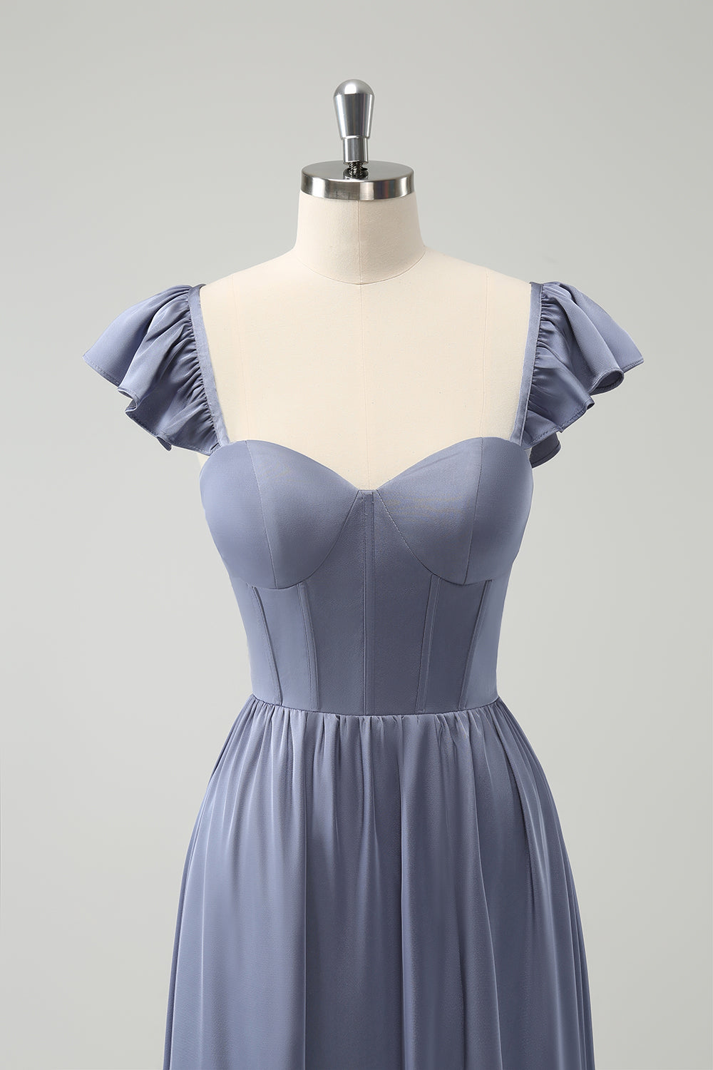 Grey Blue A Line Backless Corset Chiffon Bridesmaid Dress