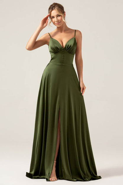 A-Line Spaghetti Straps Olive Satin Long Bridesmaid Dress with Slit