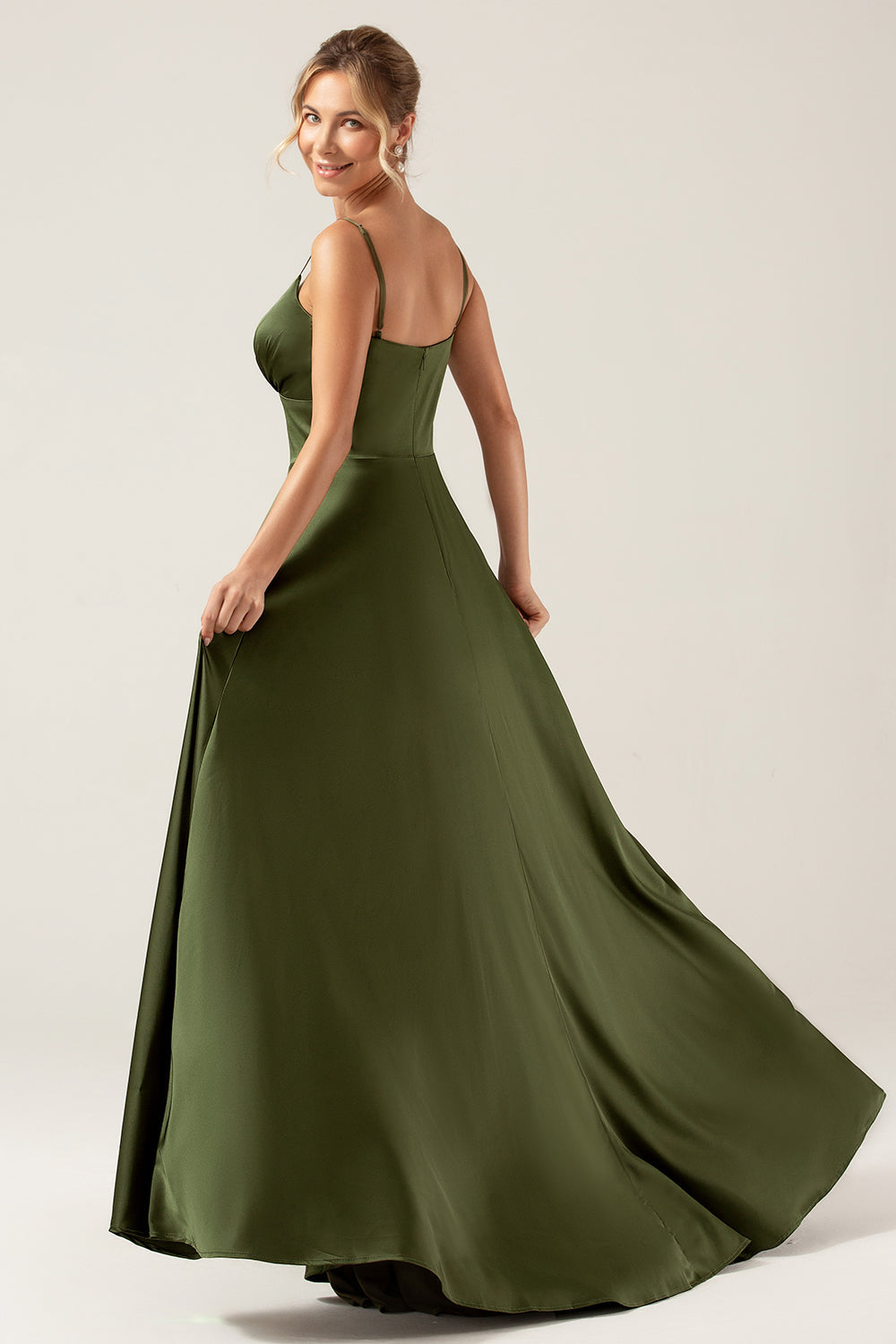 A-Line Spaghetti Straps Olive Satin Long Bridesmaid Dress with Slit