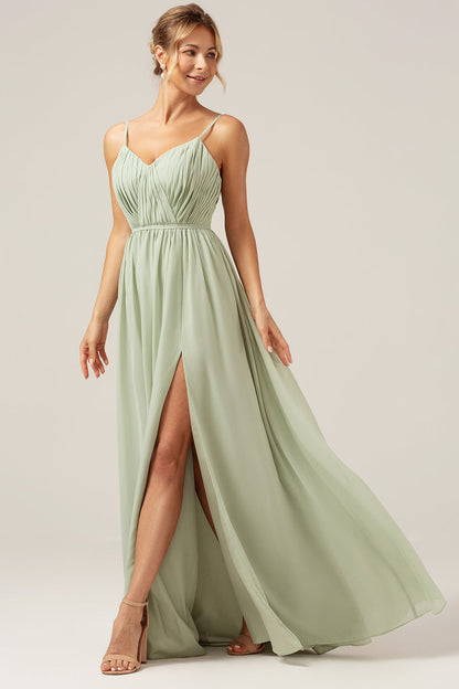 Dusty Sage A-Line Spaghetti Straps Chiffon Long Bridesmaid Dress with Slit