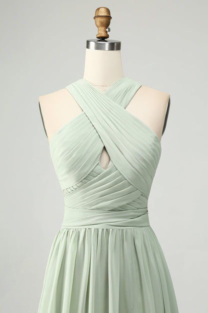 A Line Halter Chiffon Sage Green Pleated Long Bridesmaid Dress with Slit