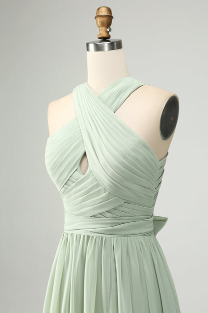 A Line Halter Chiffon Sage Green Pleated Long Bridesmaid Dress with Slit