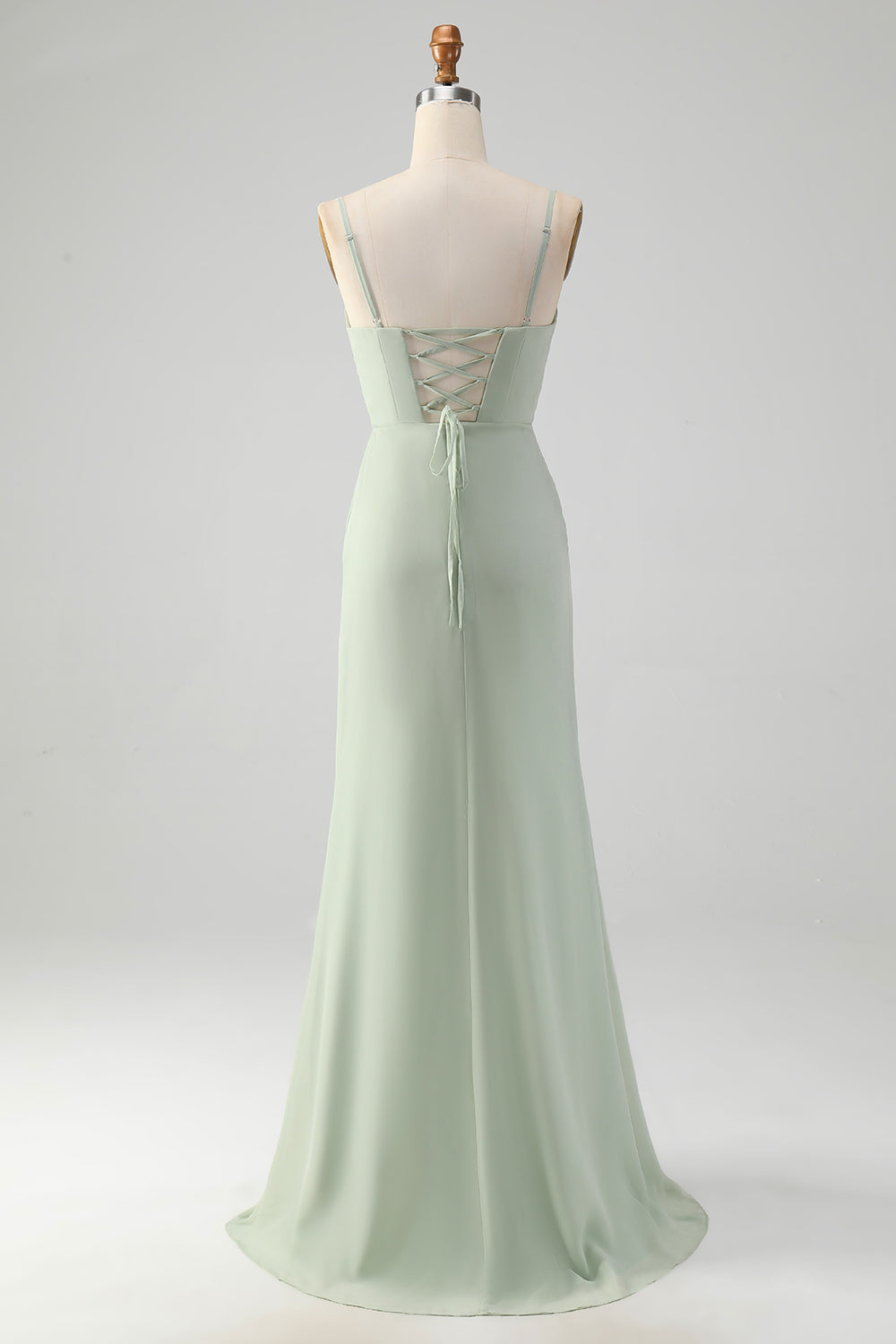 Matcha A Line Spaghetti Straps Satin Long Bridesmaid Dress with Lace Up Back