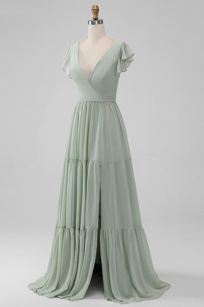 Matcha V Neck A Line Chiffon Long Bridesmaid Dress with Slit