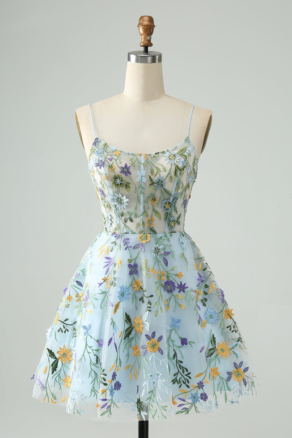 Elegant Blue Flower A Line Corset Short Homecoming Dress with Embroidery