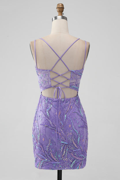 Sparkly Lilac Bodycon Sequins Appliques Short Homecoming Dress with Slit