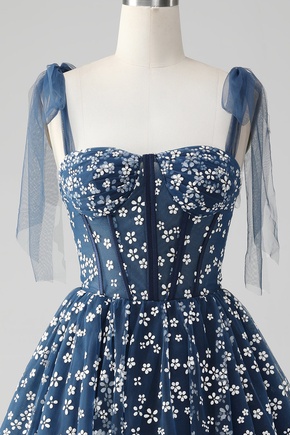 Navy A Line Spaghetti Straps Print Corset Short Homecoming Dress