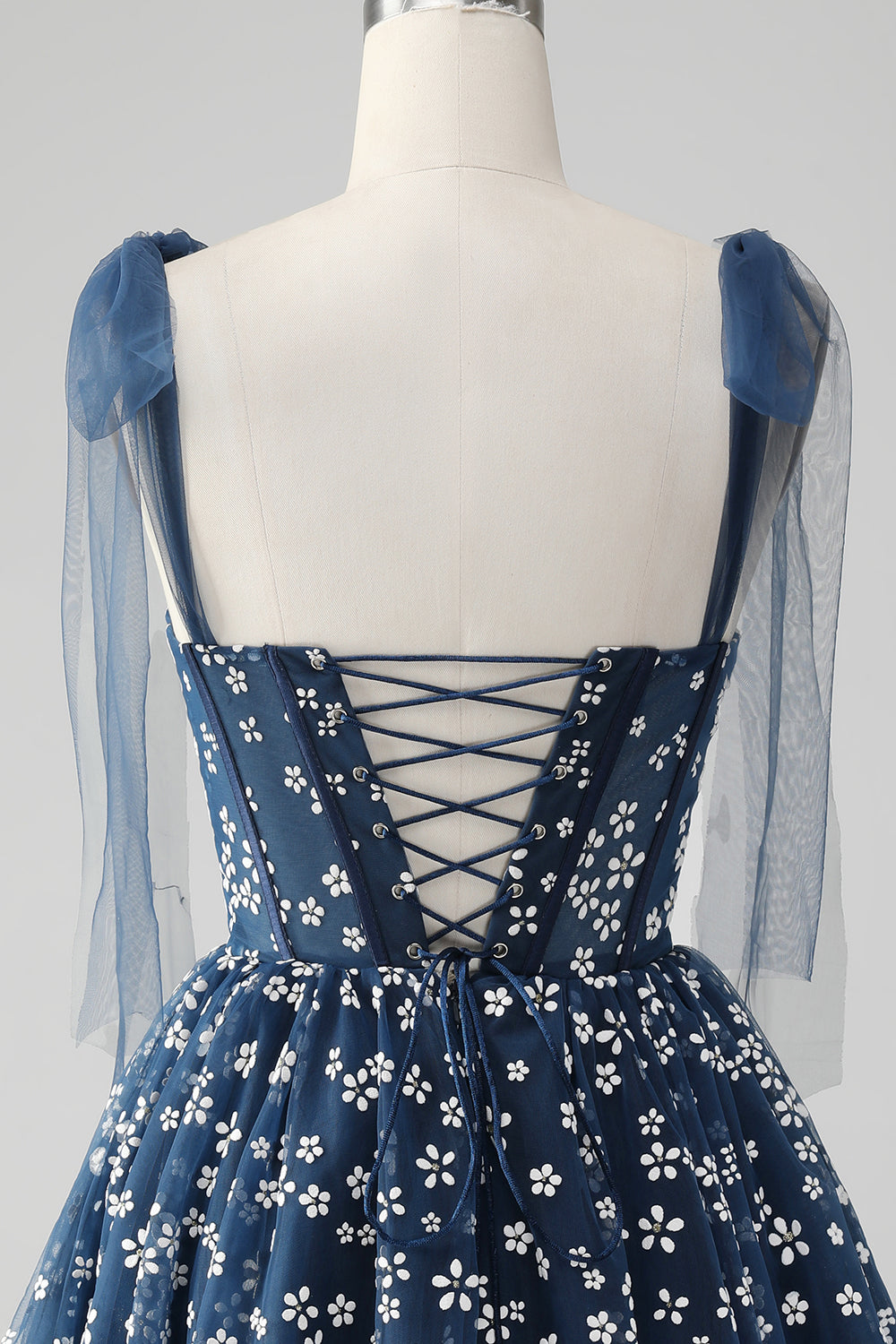 Navy A Line Spaghetti Straps Print Corset Short Homecoming Dress