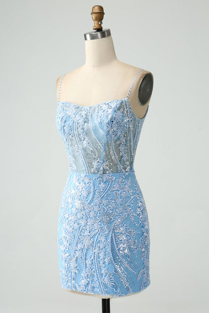 Sparkly Sky Blue Spaghetti Straps Beaded Short Homecoming Dress