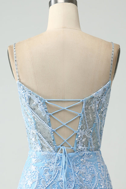 Sparkly Sky Blue Spaghetti Straps Beaded Short Homecoming Dress