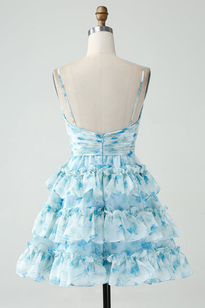 A-Line Spaghetti Straps Tiered Blue Floral Short Homecoming Dress