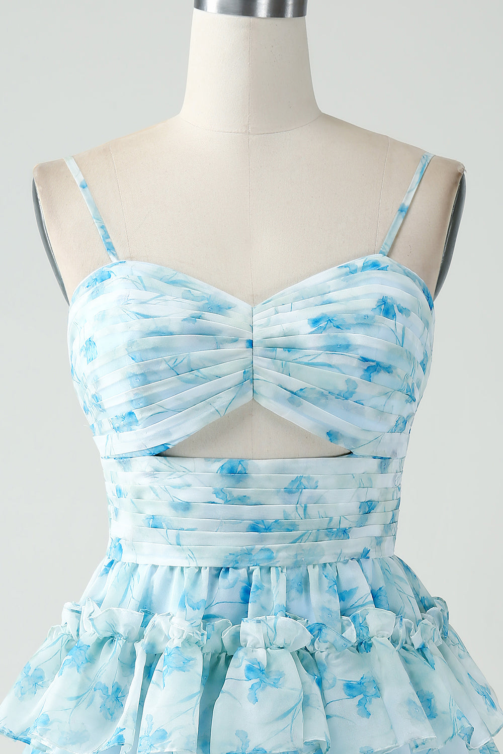 A-Line Spaghetti Straps Tiered Blue Floral Short Homecoming Dress