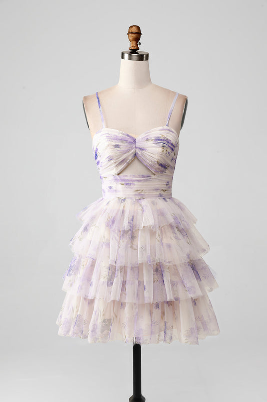 Lavender Flower A Line Spaghetti Straps Tiered Pleated Short Homecoming Dress