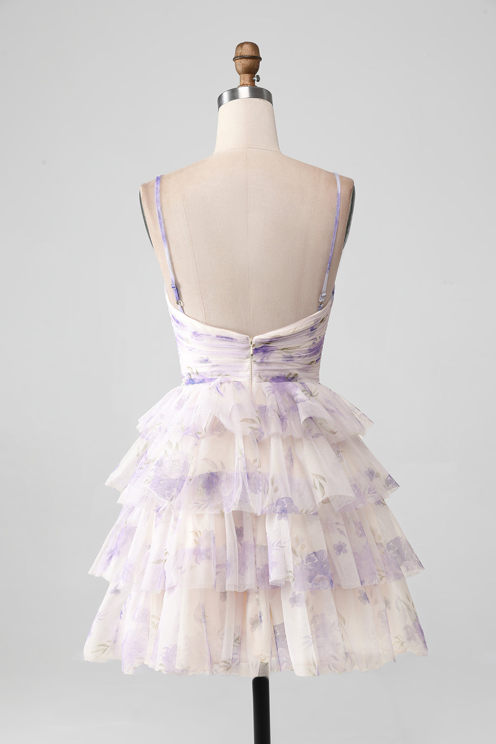 Lavender Flower A Line Spaghetti Straps Tiered Pleated Short Homecoming Dress