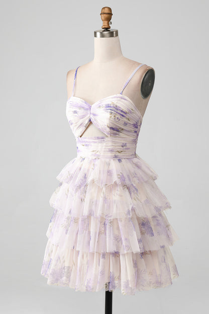 Lavender Flower A Line Spaghetti Straps Tiered Pleated Short Homecoming Dress