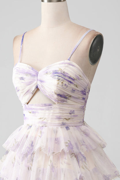 Lavender Flower A Line Spaghetti Straps Tiered Pleated Short Homecoming Dress