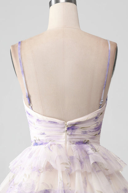 Lavender Flower A Line Spaghetti Straps Tiered Pleated Short Homecoming Dress