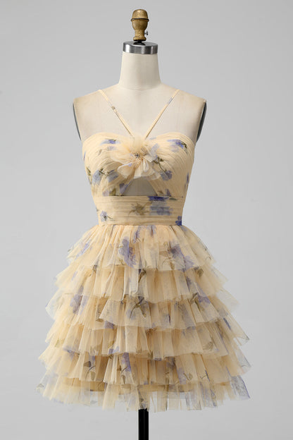 Cute Yellow A Line Halter Tiered Short Tulle Homecoming Dress