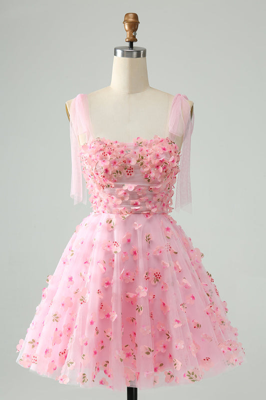 Cute Pink A Line Spaghetti Straps Short Homecoming Dress with 3D Flowers