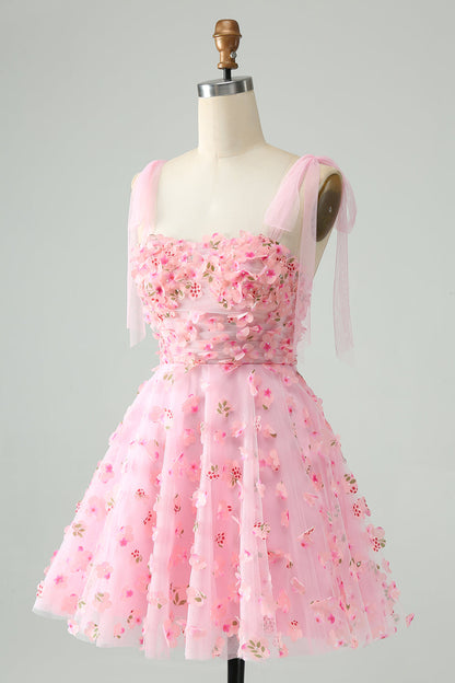 Cute Pink A Line Spaghetti Straps Short Homecoming Dress with 3D Flowers