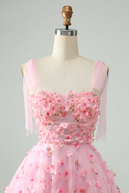 Cute Pink A Line Spaghetti Straps Short Homecoming Dress with 3D Flowers