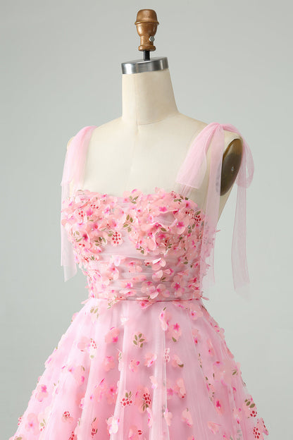 Cute Pink A Line Spaghetti Straps Short Homecoming Dress with 3D Flowers