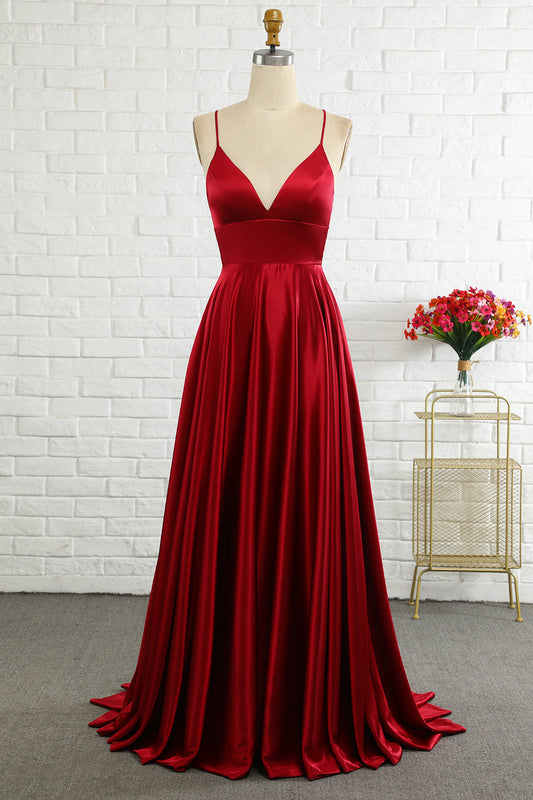 Simple A Line Spaghetti Straps Burgundy Long Bridesmaid Dress with Cirss Cross Back