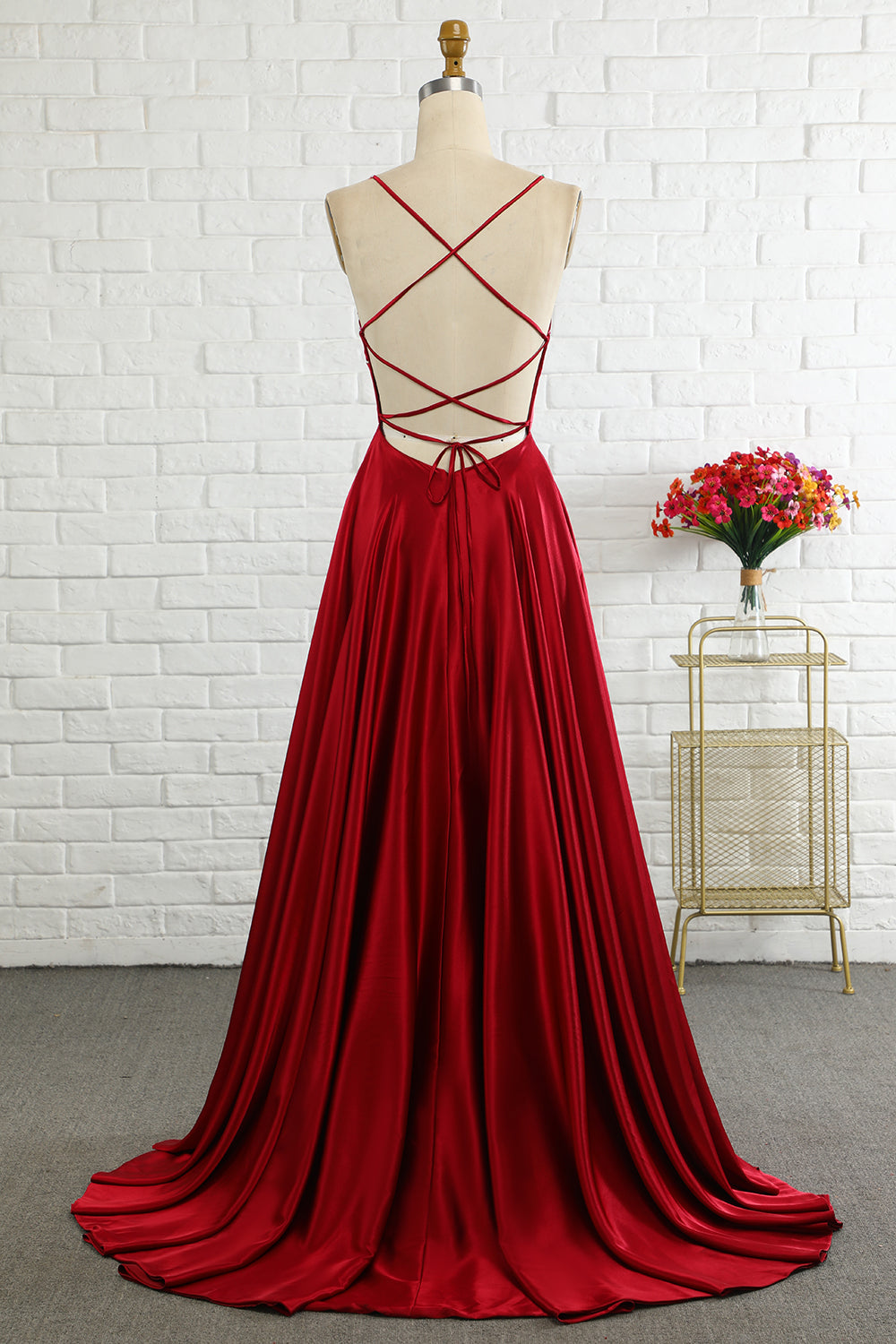 Simple A Line Spaghetti Straps Burgundy Long Bridesmaid Dress with Cirss Cross Back