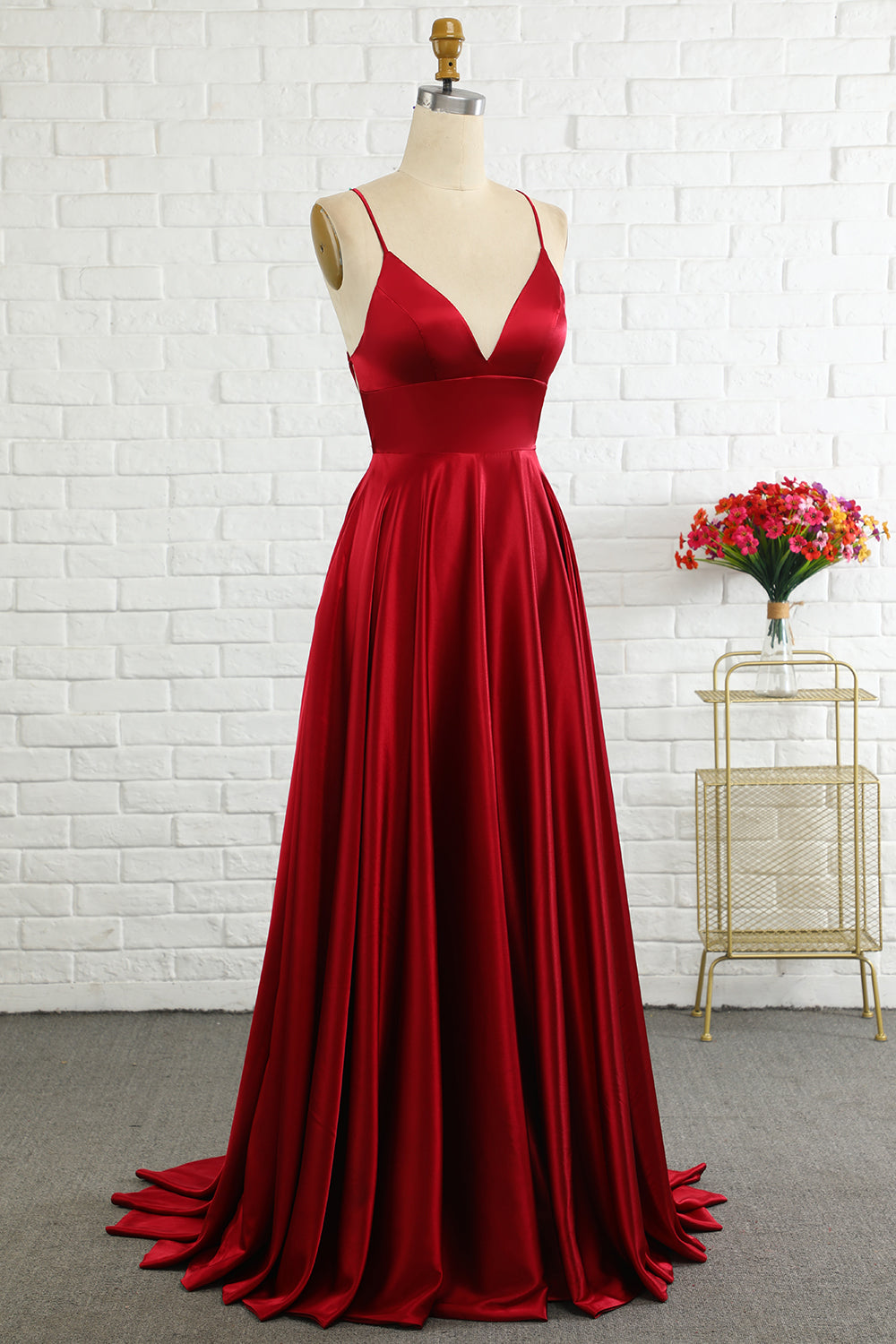 Simple A Line Spaghetti Straps Burgundy Long Bridesmaid Dress with Cirss Cross Back