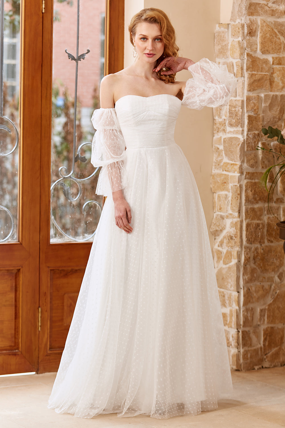 A Line Off the Shoulder White Wedding Dress with Long Sleeves