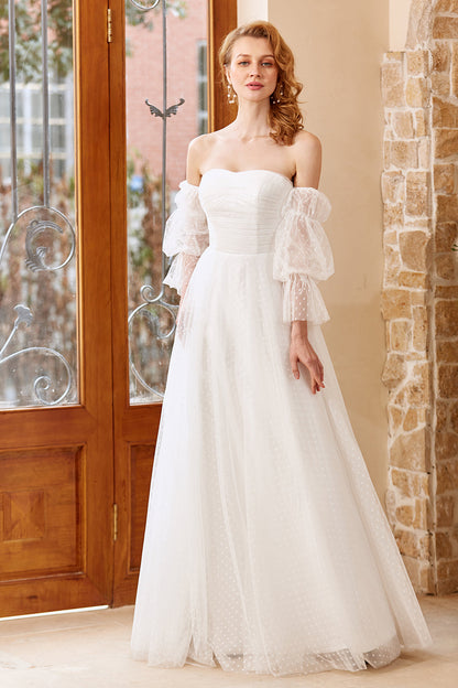 A Line Off the Shoulder White Wedding Dress with Long Sleeves