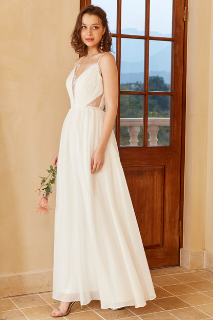 White Spaghetti Straps Simple Wedding Dress