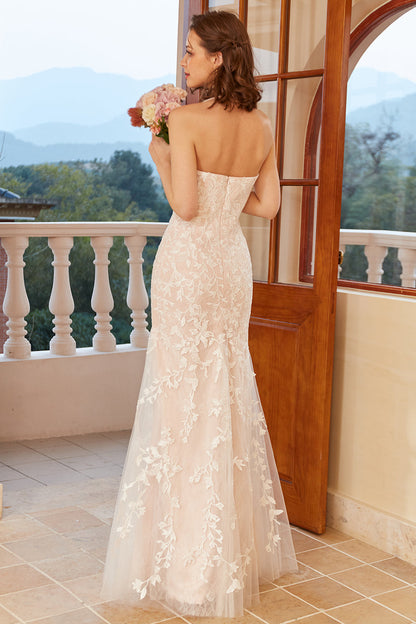 Mermaid Deep V Neck White Lace Wedding Dress with Appliques