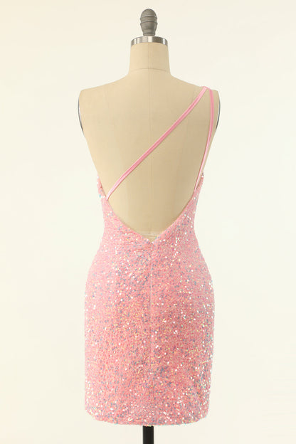 Pink One Shoulder Sequins Tight Homecoming Dress