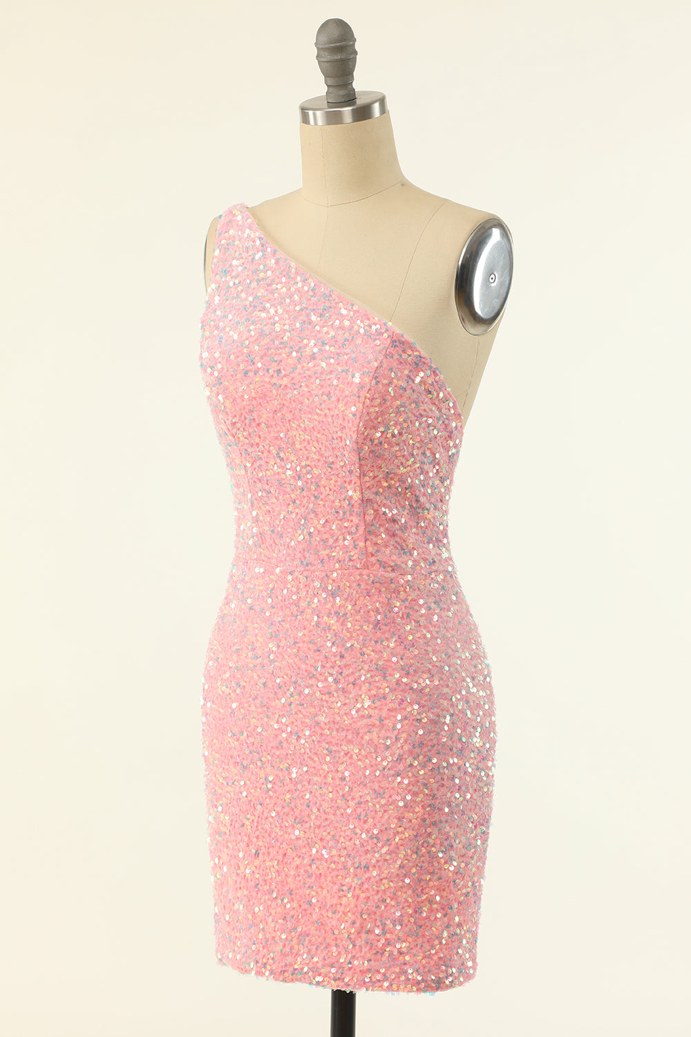 Pink One Shoulder Sequins Tight Homecoming Dress