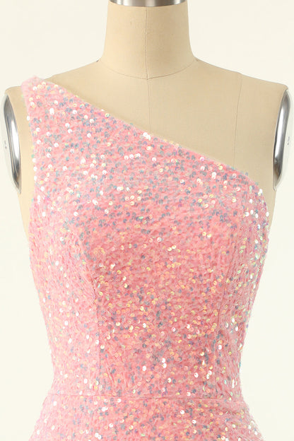 Pink One Shoulder Sequins Tight Homecoming Dress