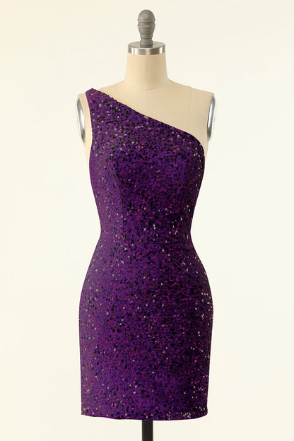 Purple One Shoulder Sequins Homecoming Dress