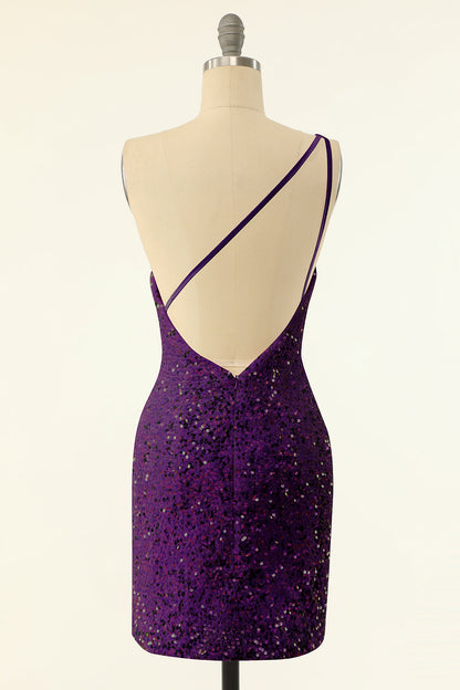 Purple One Shoulder Sequins Homecoming Dress