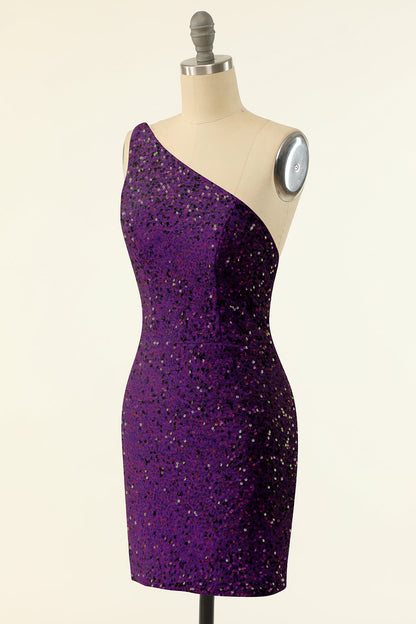 Purple One Shoulder Sequins Homecoming Dress