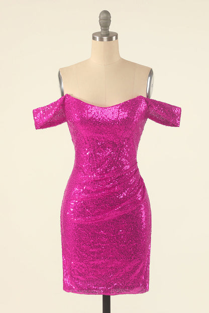 Fuchsia Off the Shoulder Sequins Tight Homecoming Dress