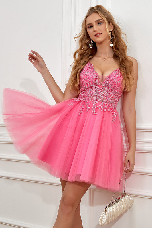 Fuchsia Spaghetti Straps A-Line Backless Short Homecoming Dress