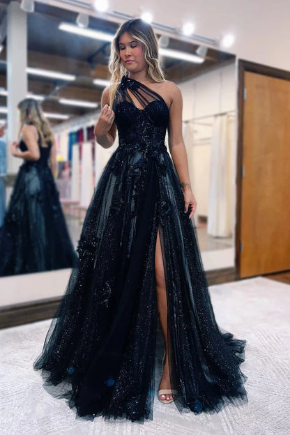 Black One Shoulder Floral Prom Dresses, Preppy Prom Dresses 2024