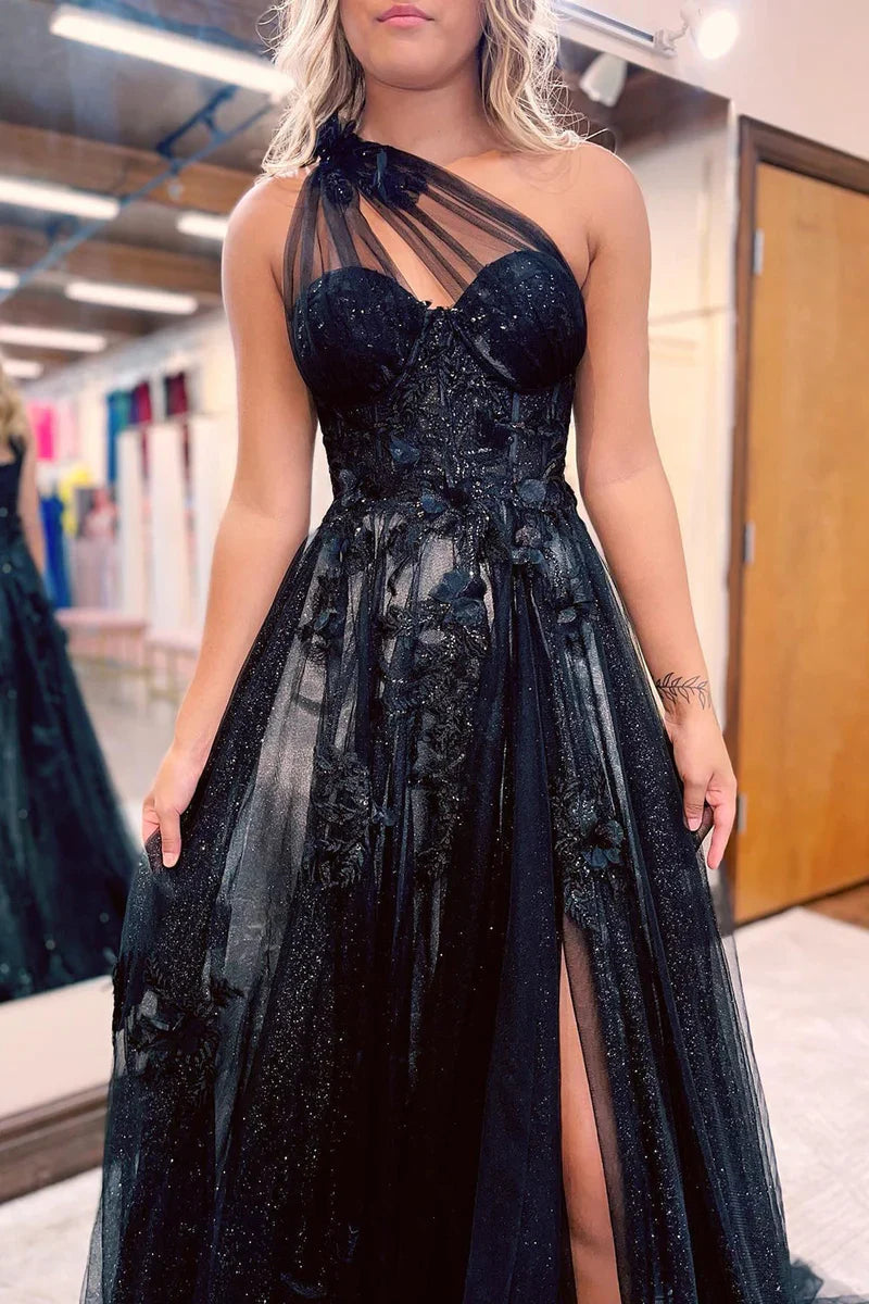 Black One Shoulder Floral Prom Dresses, Preppy Prom Dresses 2024